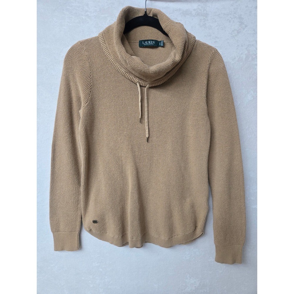 Lauren Ralph Lauren Tan Cotton Waffle Knit Cowl Neck Drawstring Sweater Large